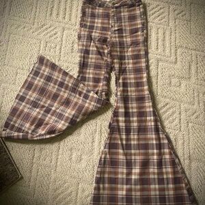 Free People Plaid Flare Pants - Brown and Cream